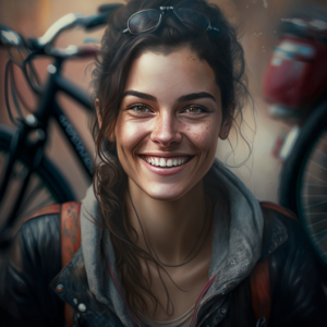 Portraitbild von Michaela. Einer fiktionalen Person, welche eine junge Fahrradmechanikerin darstellt.